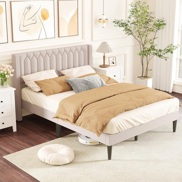 Goflame Queen Size Dutch Velvet/Linen Fabric Upholstered Platform Bed with Wingback Headboard and Wooden Slat Support