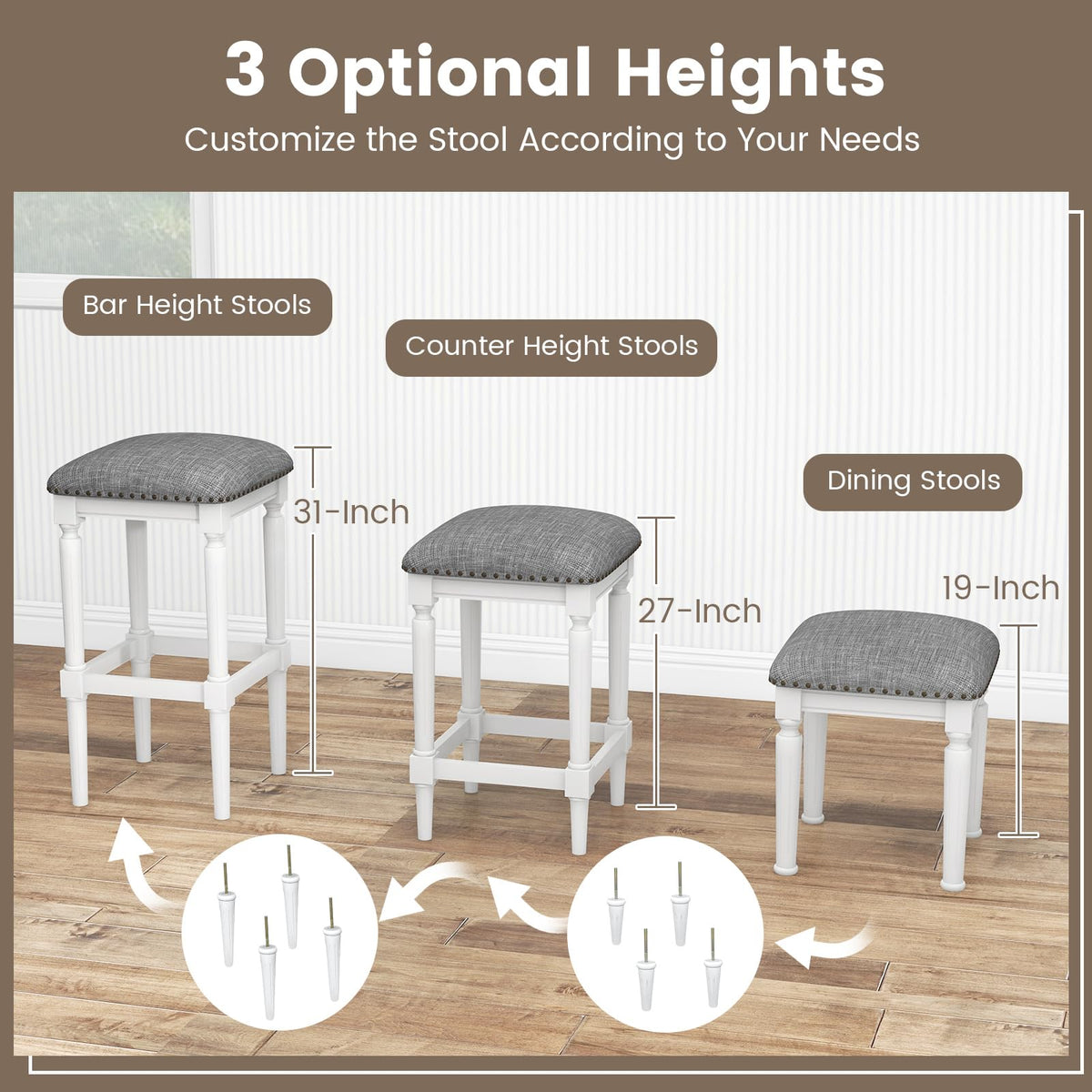 Goflame Bar Stools Set of 2, 3-Height Adjustable 19"/27"/31" Wood Barstools with Padded Seat