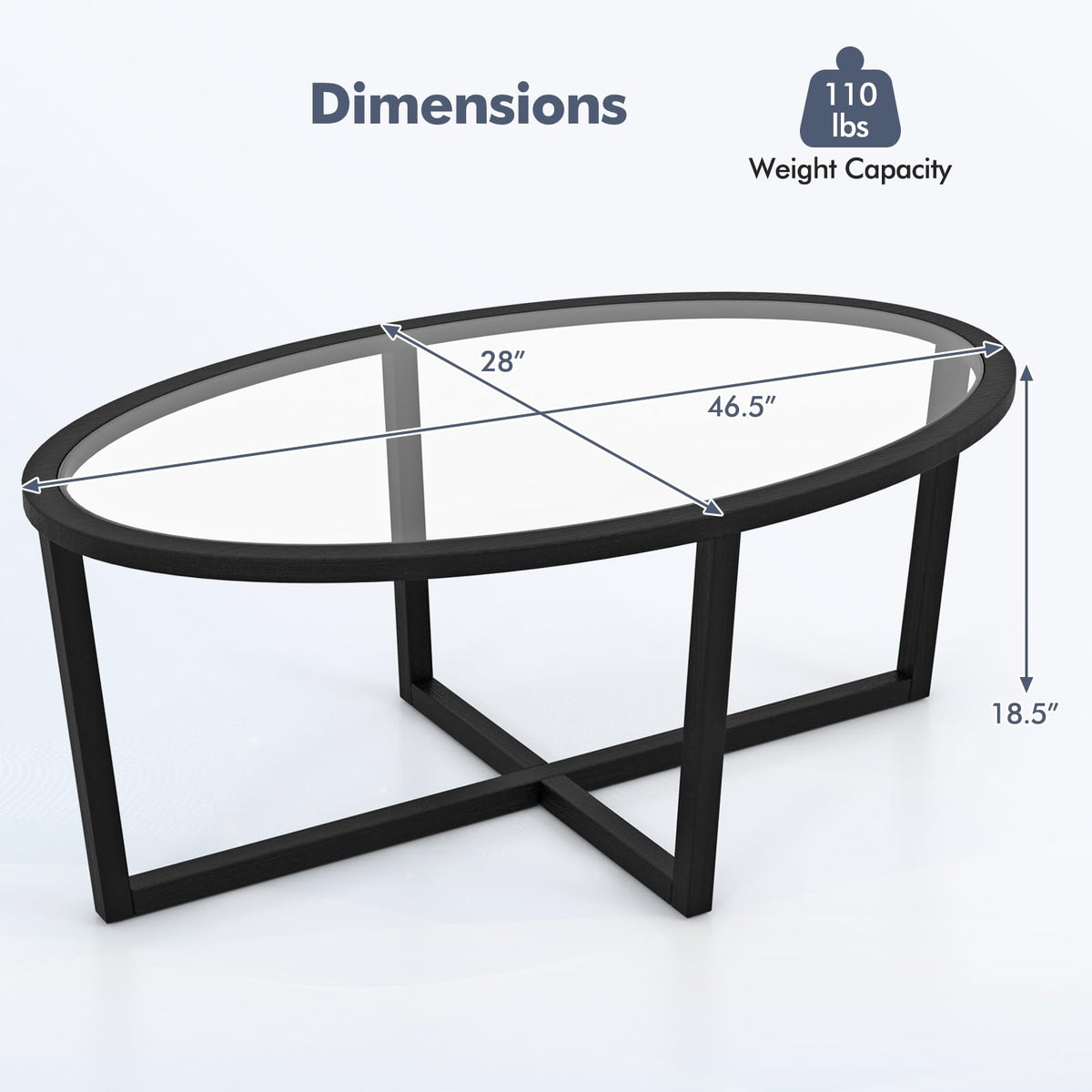 Goflame Glass Coffee Table, 46.5" Oval Accent Sofa Tea Table with Tempered Glass Top, Cross Base & Acacia Wood Legs