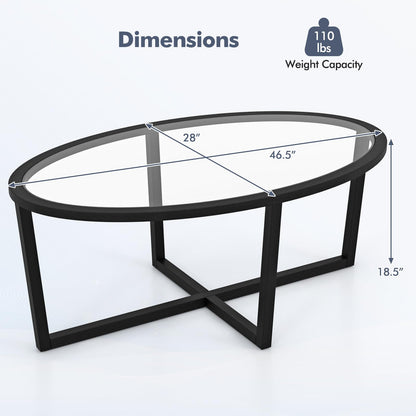 Goflame Glass Coffee Table, 46.5" Oval Accent Sofa Tea Table with Tempered Glass Top, Cross Base & Acacia Wood Legs