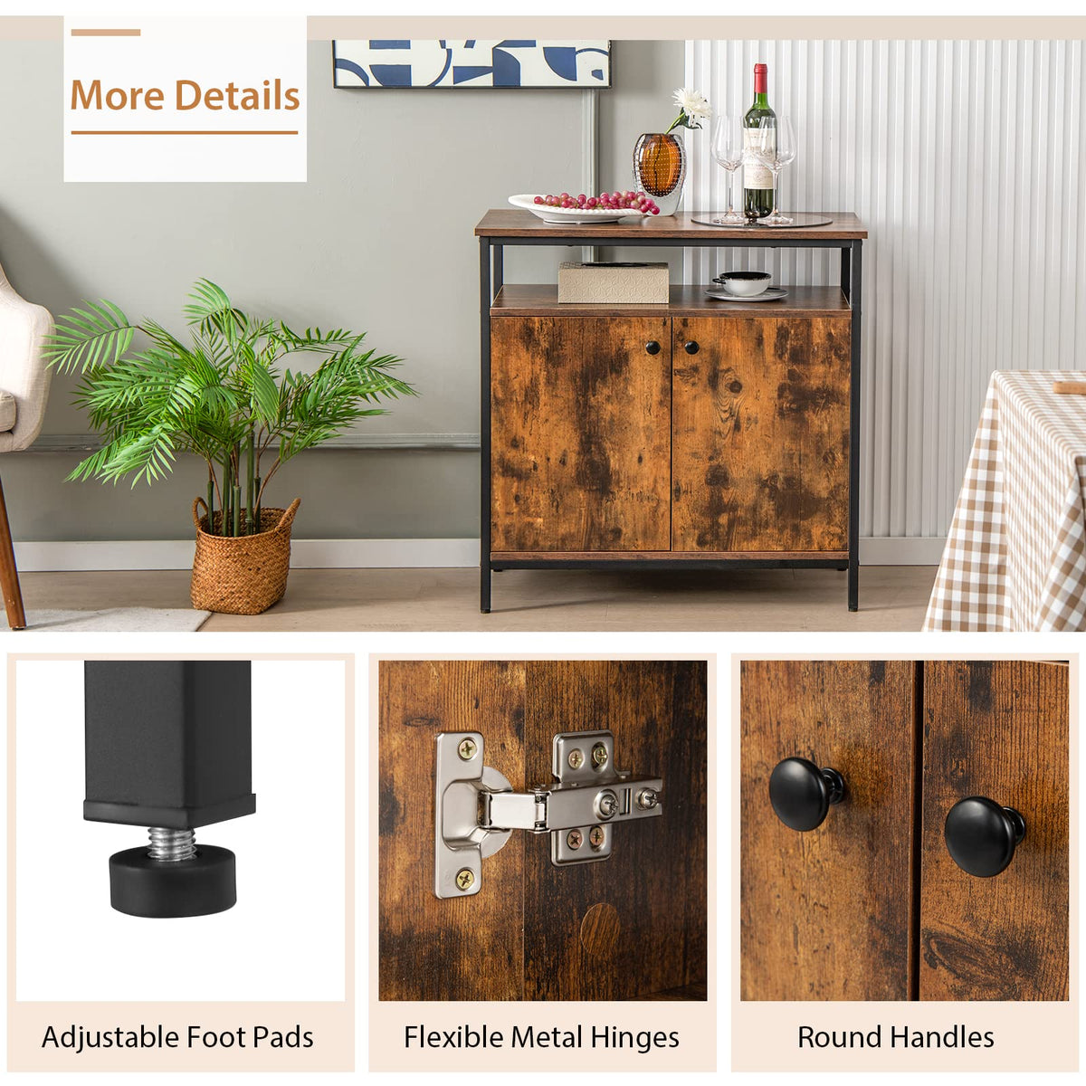 Goflame Buffet Cabinet with Shelf - 2 Door Sideboard Kitchen Storage Cupboard with Shelves (Rustic Brown)