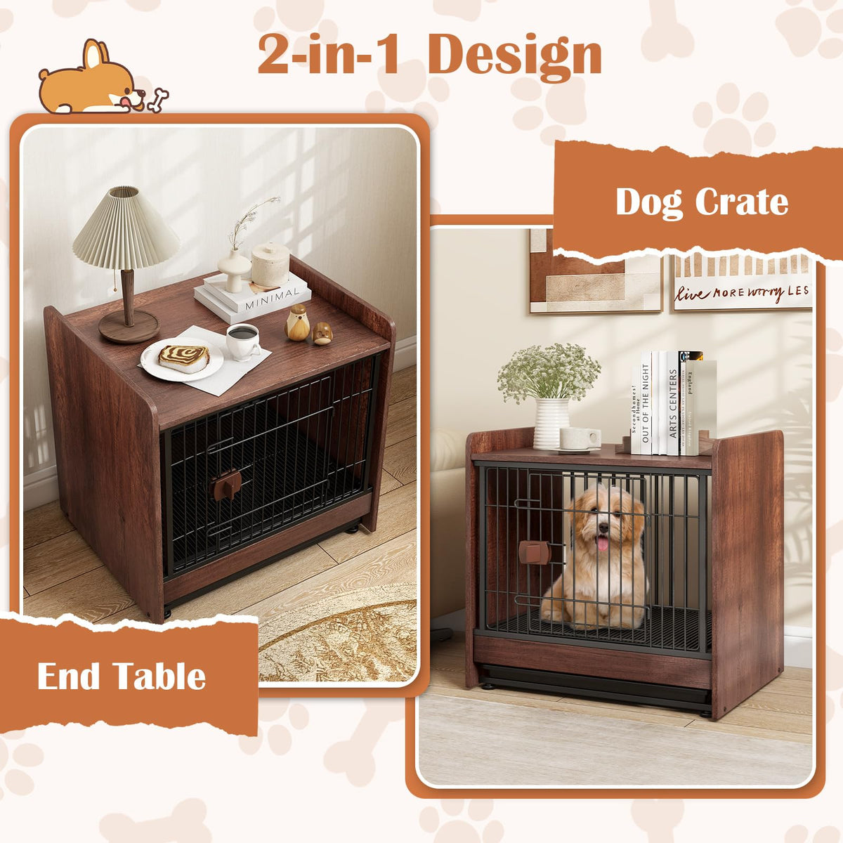 Goflame Dog Crate End Table - Wooden Dog Kennel Furniture with Removable Pull-Out Tray