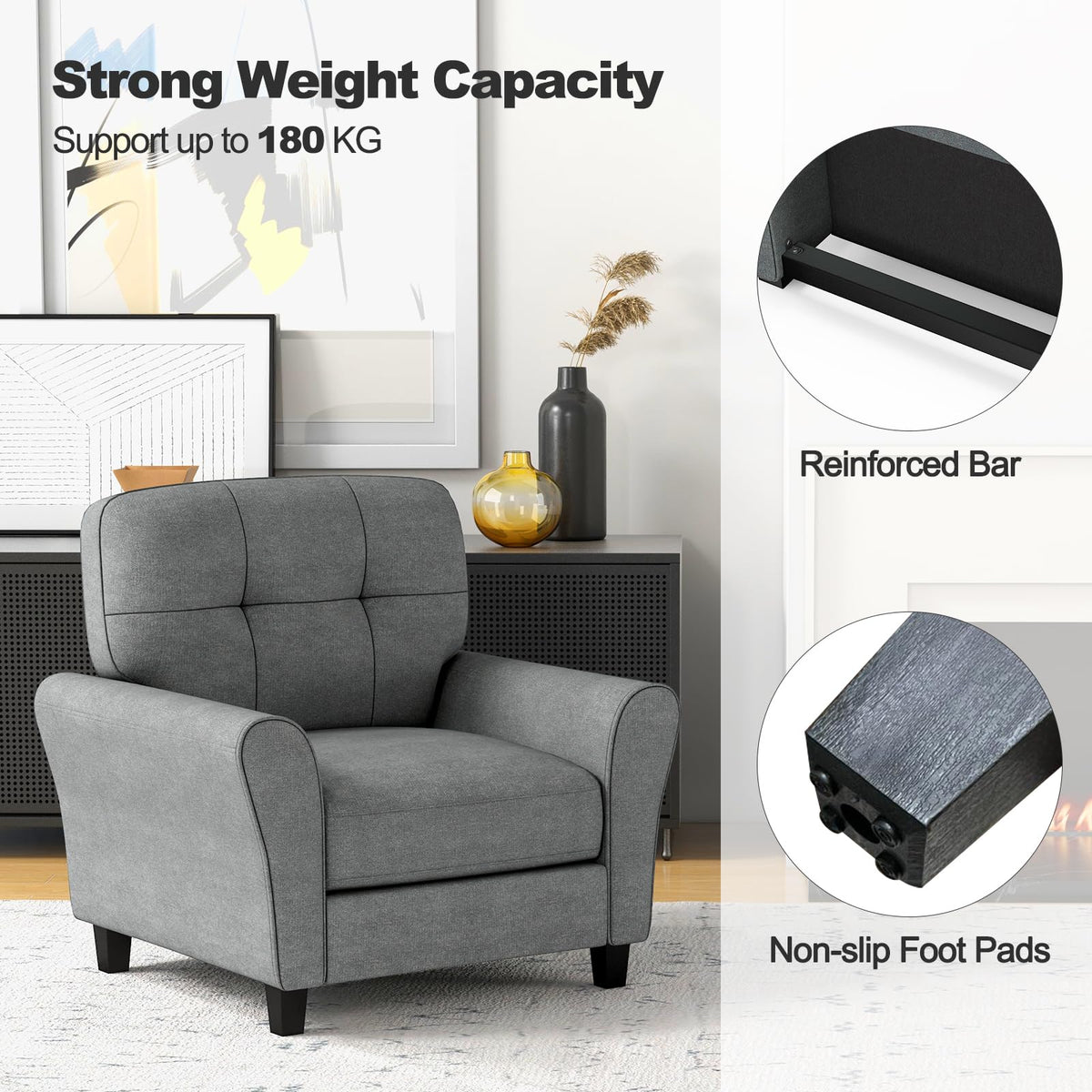 Goflame Modern Mid-Century Accent Chair - Linen Living Room Chair with Tufted Back, Grey