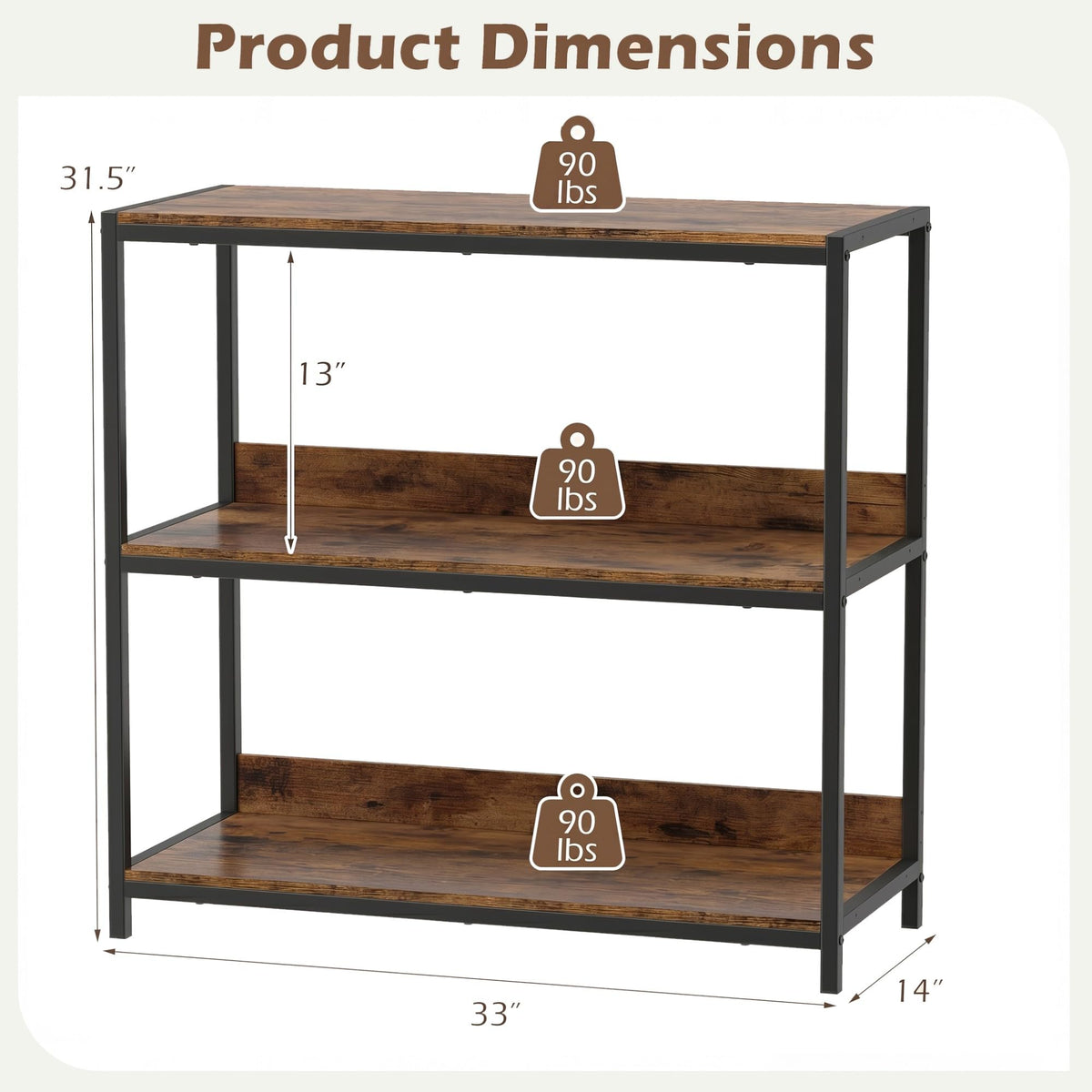 Goflame Industrial 3-Tier Small Bookshelf with Wooden Shelves and Metal Frame