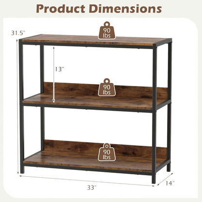 Goflame Industrial 3-Tier Small Bookshelf with Wooden Shelves and Metal Frame