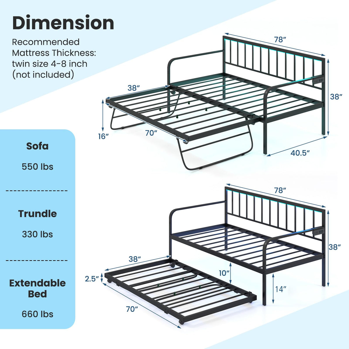 Goflame Twin Daybed with Trundle, Metal Day Bed with Charging Station & LED Lights