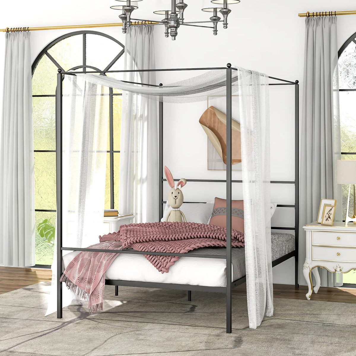 Goflame Full Size Metal Canopy Bed Frame, Modern Platform Bed Frame with 4 Poster & Headboard