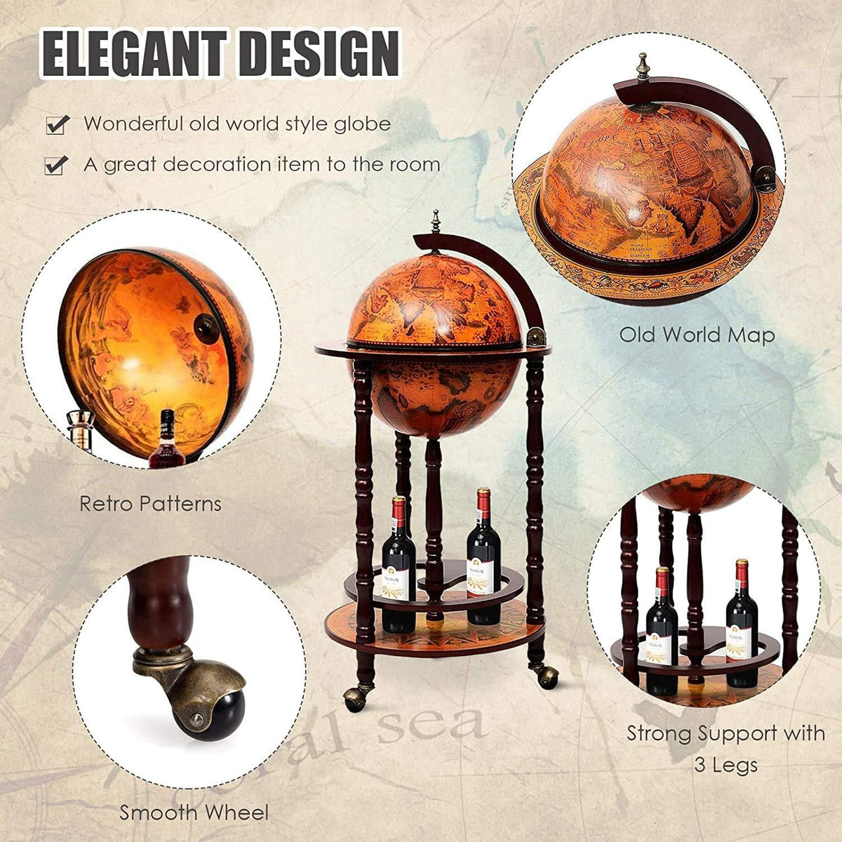 Wood Globe Wine Bar Stand, 16th Century Italian Rack Liquor Bottle Shelf