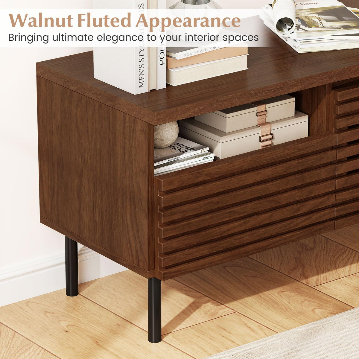 Goflame Mid Century Modern TV Stand with Fluted Entertainment Center