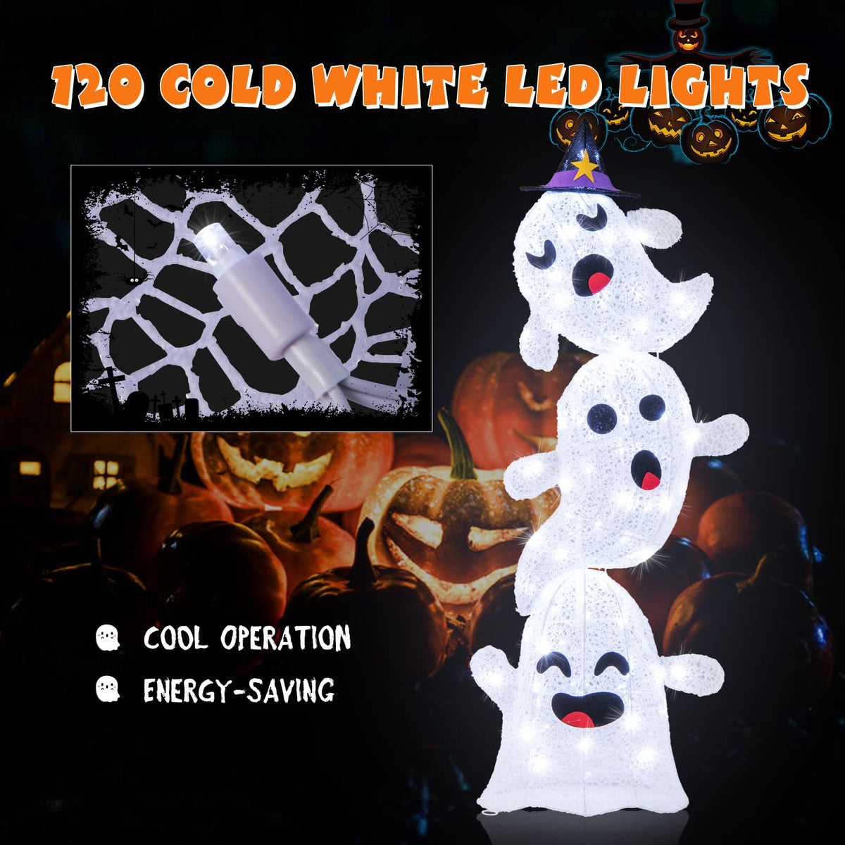 Goflame 4 Ft Halloween Decorations Outdoor Stacked Ghosts, Free-Standing Cute Yard Decorations