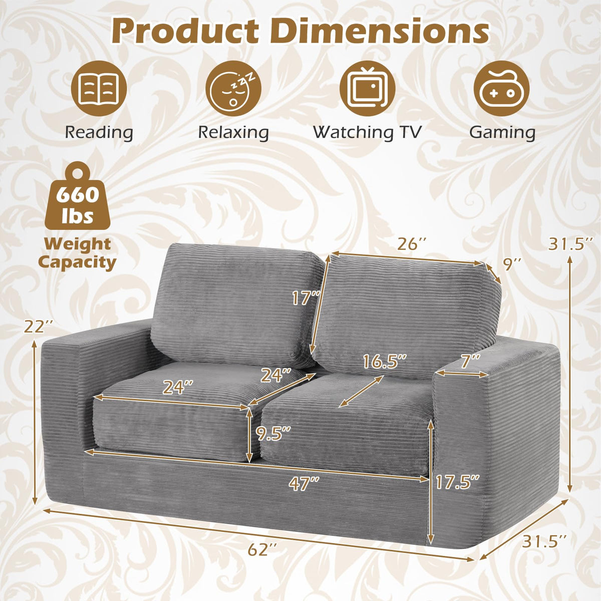 Goflame 2-Seater Floor Couch with Removable Corduroy Cover