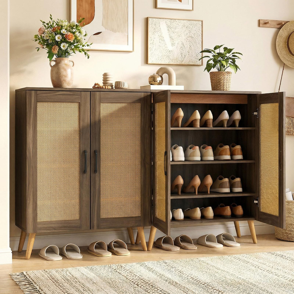 Goflame Shoe Cabinet with Doors 4-Tier Rattan Shoe Rack Organizer Cabinet(Rattan Door)