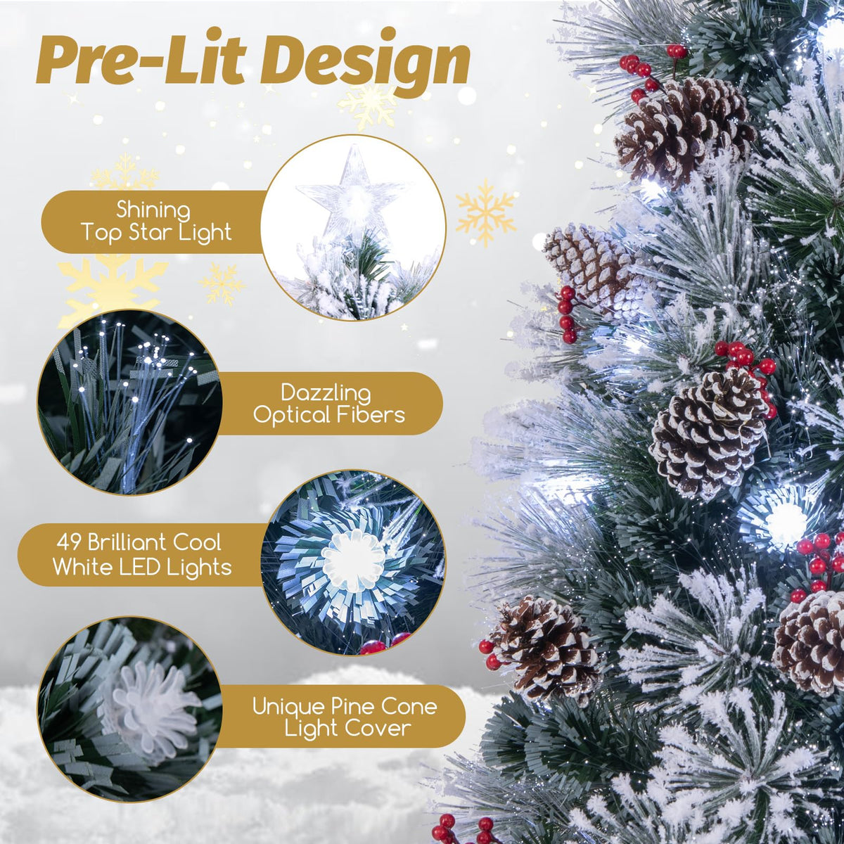 Goflame Pre-lit Fiber Optic Christmas Tree, Artificial Snowy Xmas Tree with 49 Cool White LED Lights