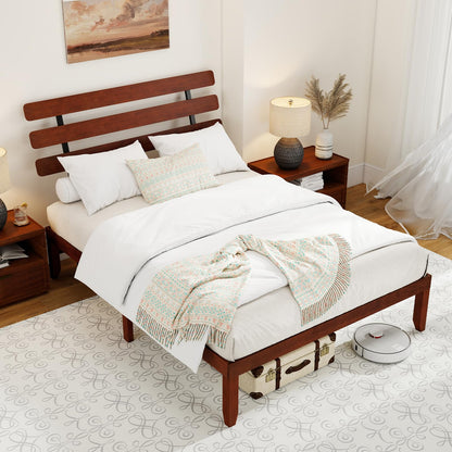 Goflame Queen/Full/Twin Size Platform Bed with Retro Headboard Mid Century Modern Bed Frame with Wood Slat Support