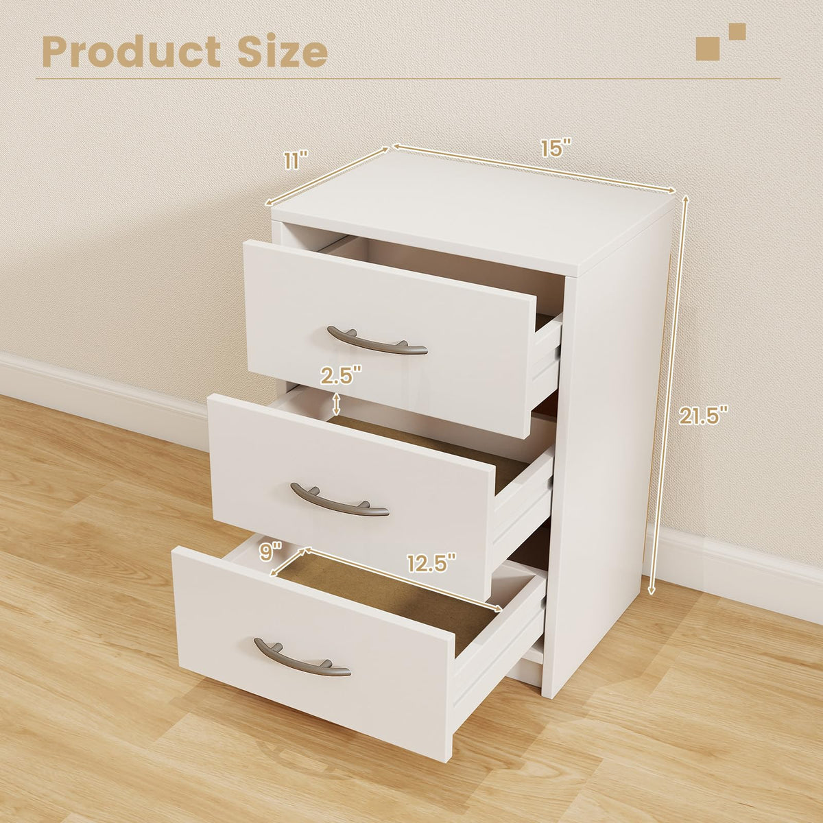 Goflame Nightstand with 3 Drawers, Modern Night Stand with Storage Drawers, White