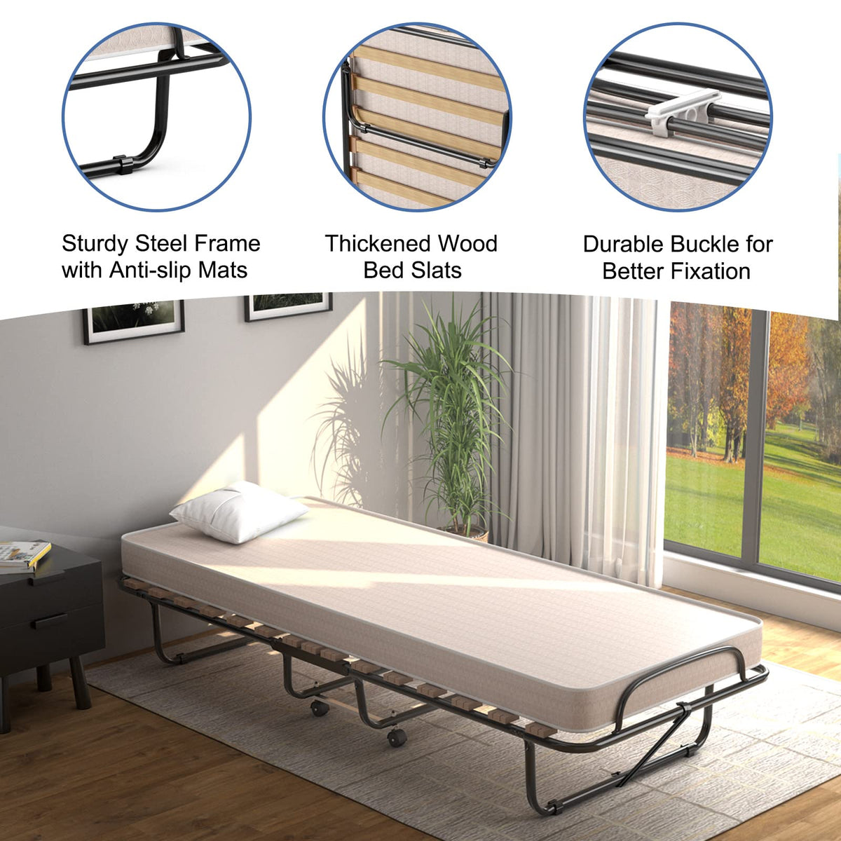 Goflame Folding Bed with Mattress for Adults, 75" x 32" Rollaway Guest Beds w/ 3 Inch Foam Mattress & Sturdy Metal Frame