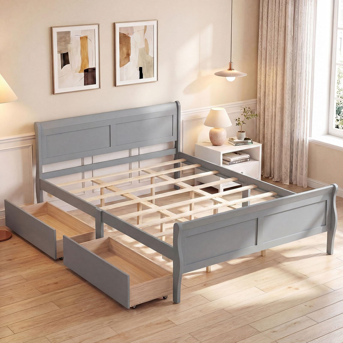 Goflame Twin/ Full/ Queen Bed with 2 Storage Drawers Wood Platform Bed with Headboard & Footboard