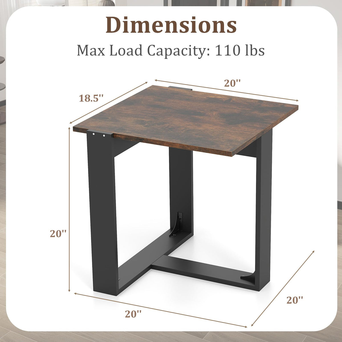 Goflame Rustic Brown Square Industrial Side Table w/T-Shape Metal Frame