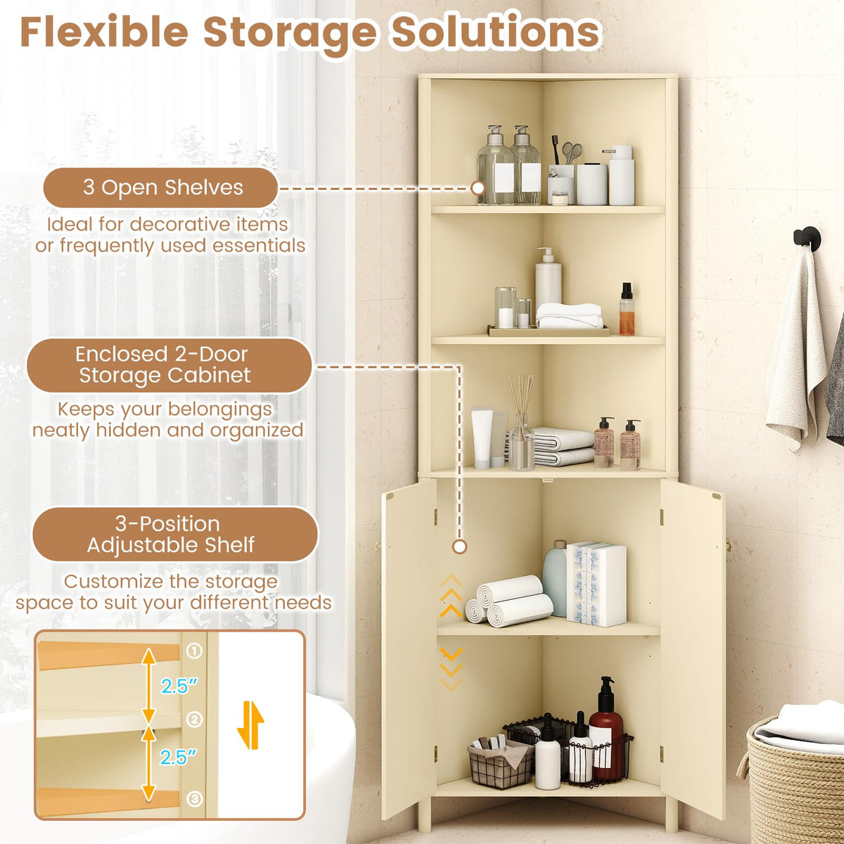 Goflame 68" Tall Bathroom Cabinet with Adjustable Shelves and 2 Fluted Doors