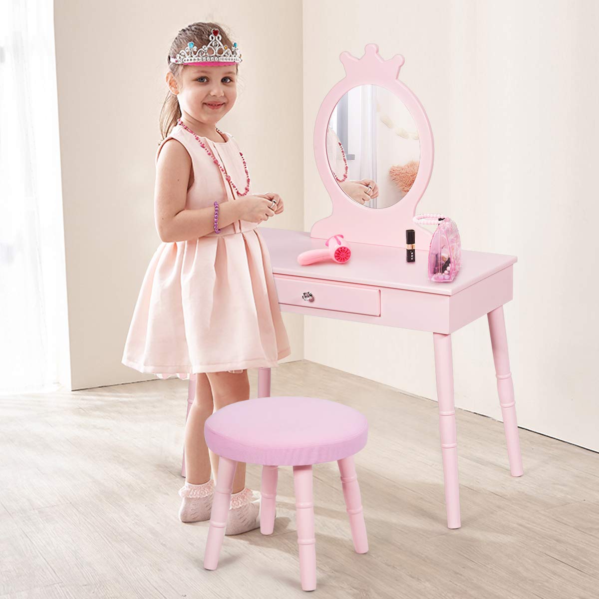 Kids Vanity Set, Princess Dressing Table Set, Wooden Dresser, Little Girls Makeup Table and Stool Set