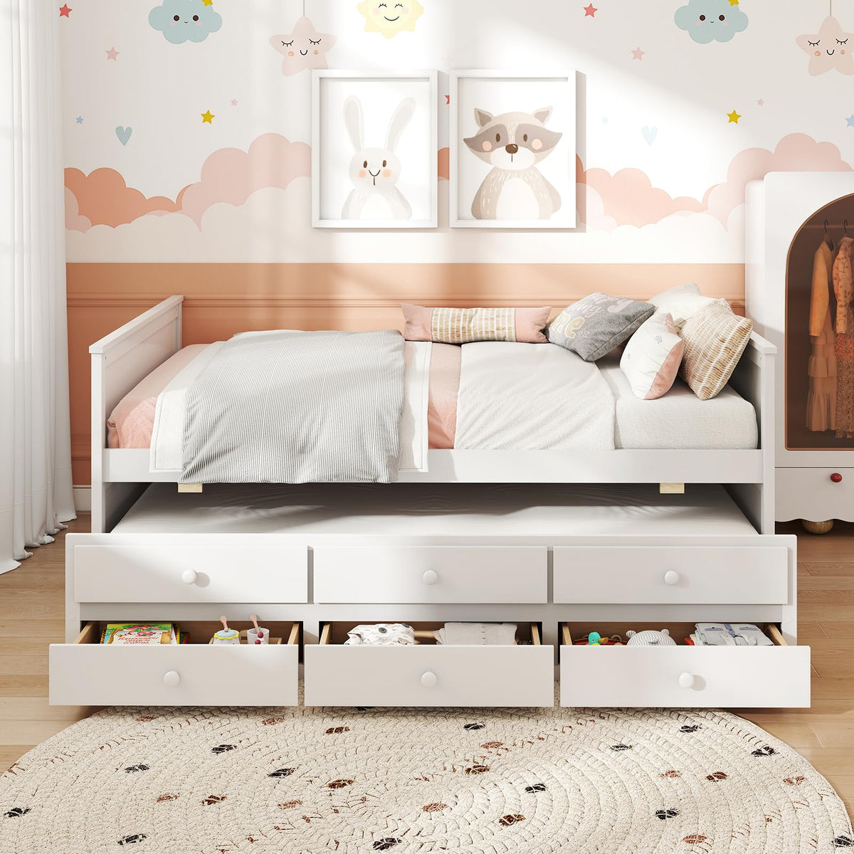 Goflame Full Size Bed Frame with Twin Trundle & 3 Storage Drawers