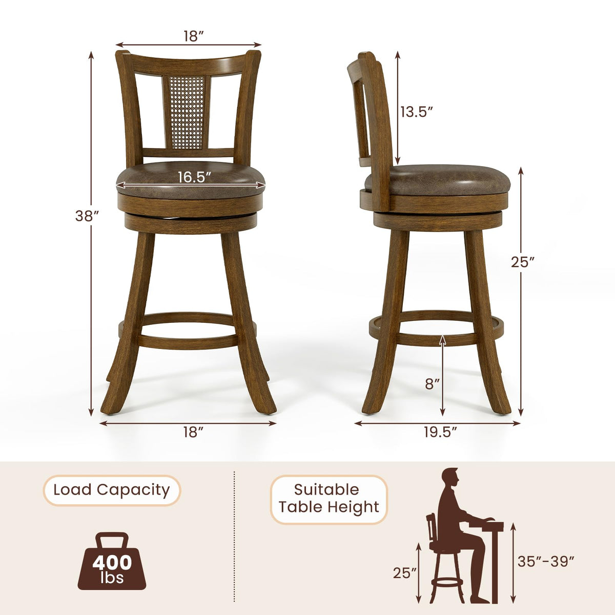 Goflame 25" Bar Stools Set Swivel Counter Height Bar Chairs with PE Rattan Back