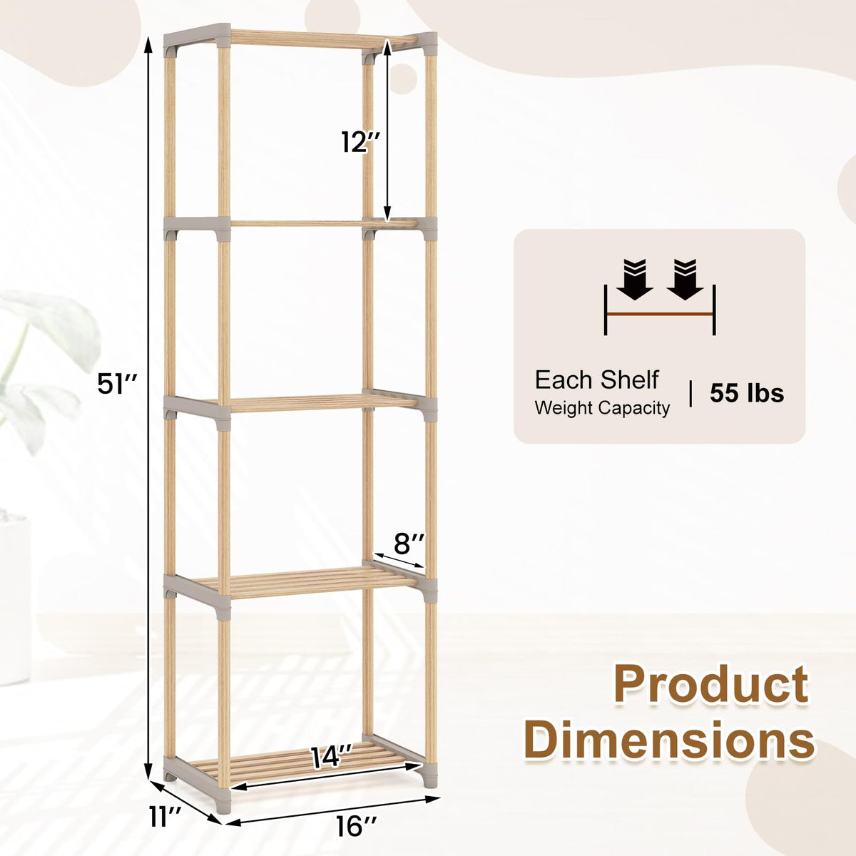 Goflame 5-Tier Bookshelf | Pine Wood Bookcase with Freestanding Storage Organizer