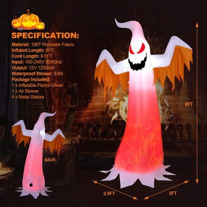 8 FT Halloween Inflatable White Ghost W/ Rotatable Flame LED Lights, Air Blower, Stake, Sandbag