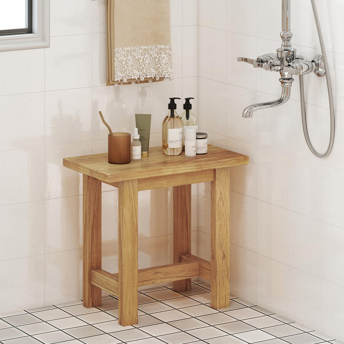 Goflame Teak Shower Bench Stool with Waterproof Spa Bath Seat for Seniors 20''L x 11''W x 18.5''H