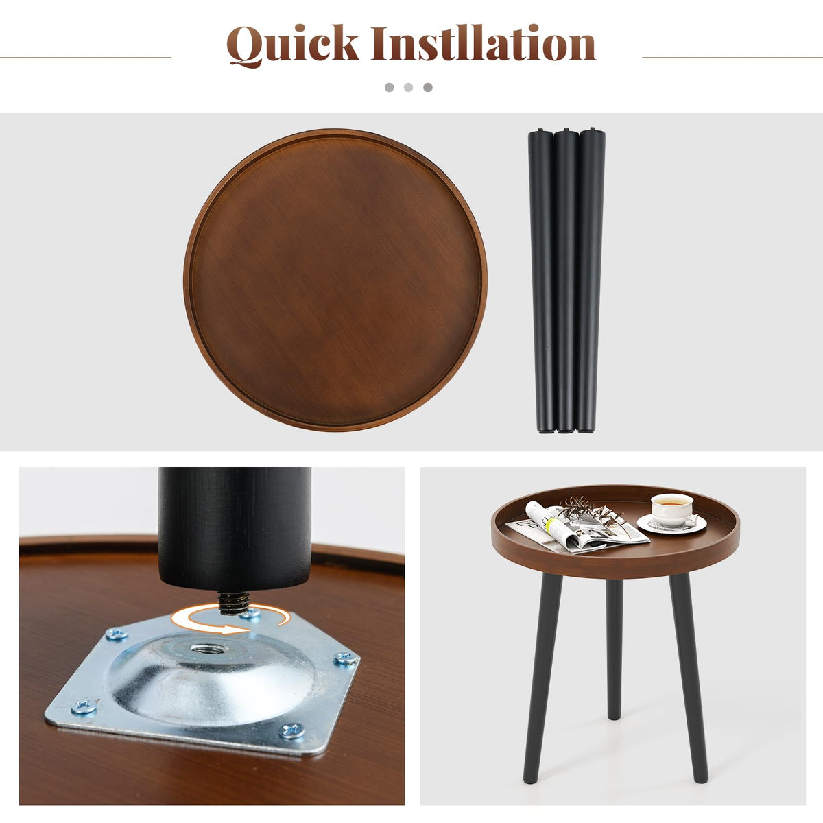 Goflame Mid Century Modern Side Table with Wooden Tray and Bamboo Legs