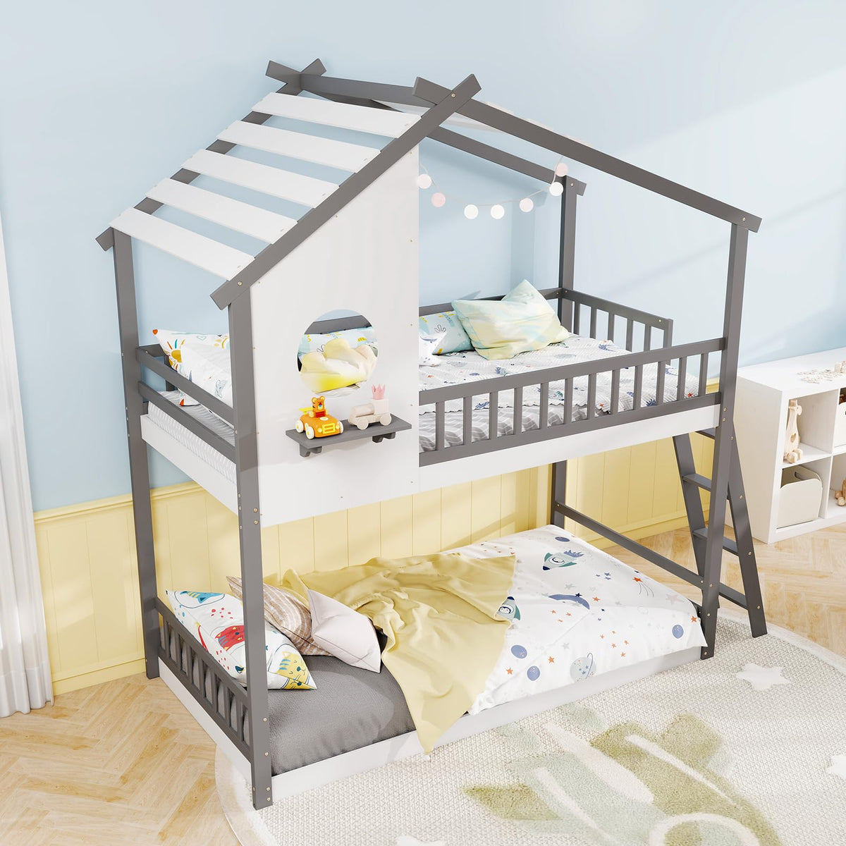 Goflame Solid Wood Floor Bunk Bed with Ladder and Full-Length Guardrails
