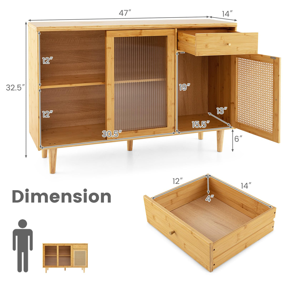 Goflame Sideboard, Bamboo Buffet Cabinet with Storage