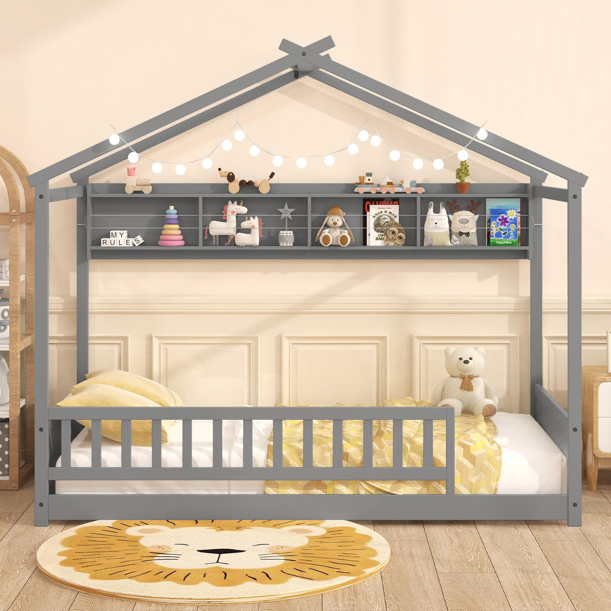 Goflame Twin Floor House Bed with Storage Shelf, Wood Twin Bed Frames with Headboard & Guardrail