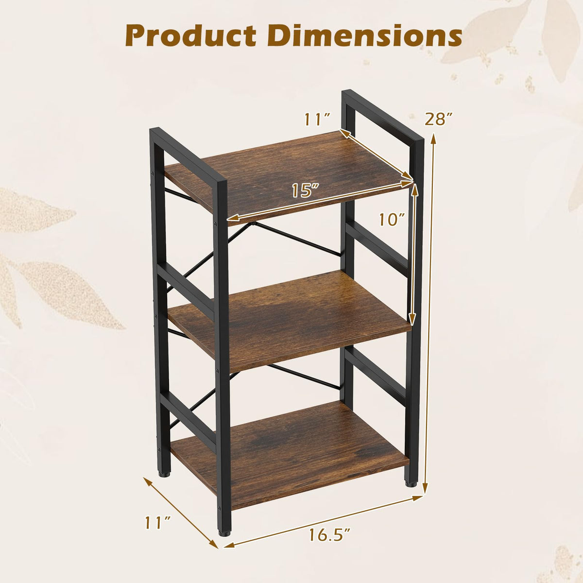Goflame 3-Tier Bookshelf Narrow Freestanding Display Shelf with Metal Frame & Wooden Storage Racks