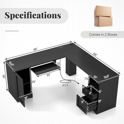 GOFLAME 66" L-Shaped Desk with Storage Drawers & Charging Station