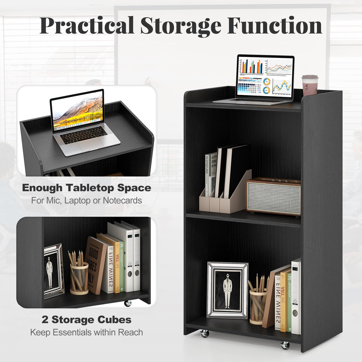 Goflame Portable Podium Stand, Lectern Podium with 2 Storage Shelves, 4 Universal Wheels, Mobile Speaking Podium Hostess Stand Pulpits