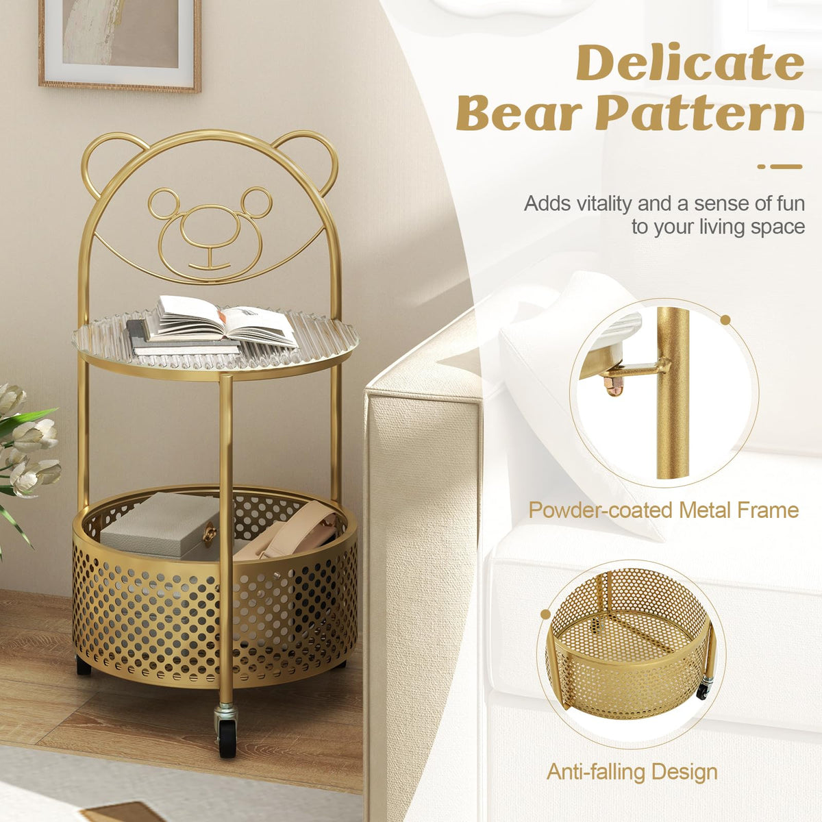 Goflame Mobile Glass Coffee Table, 2-Tier Round End Table with Bear Pattern, Storage Basket, Metal Frame
