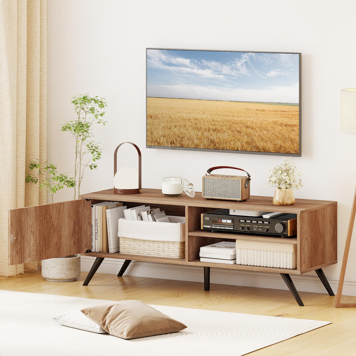 Goflame Mid-Century Modern Entertainment Center with Storage Cabinet
