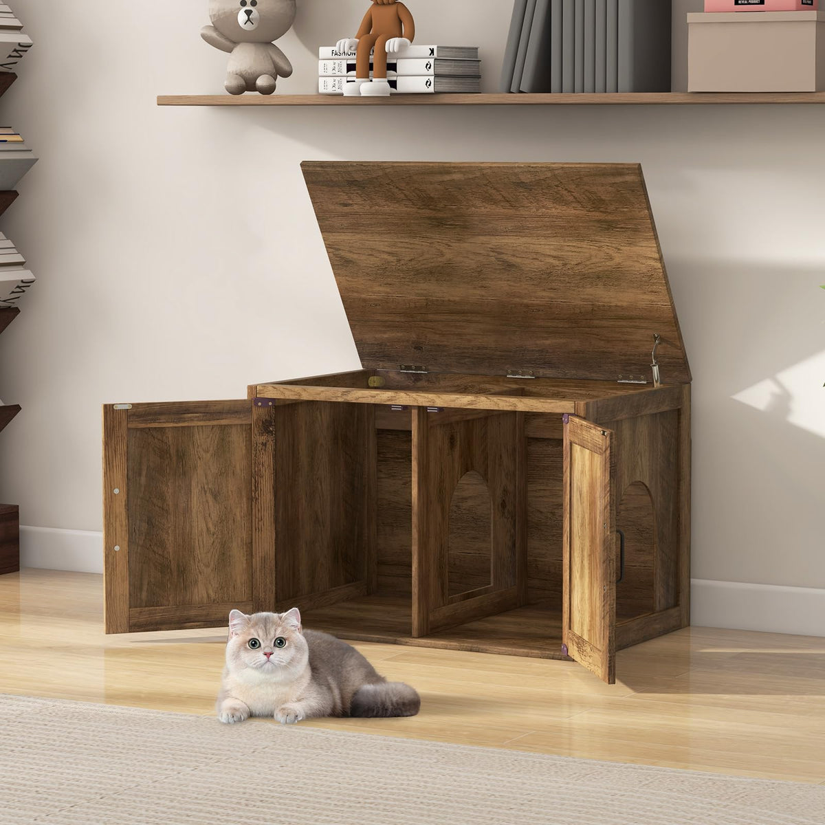 Goflame Cat Litter Box Enclosure - Flip Top Litter Box Hidden Furniture with Barn Door, Side Entrance