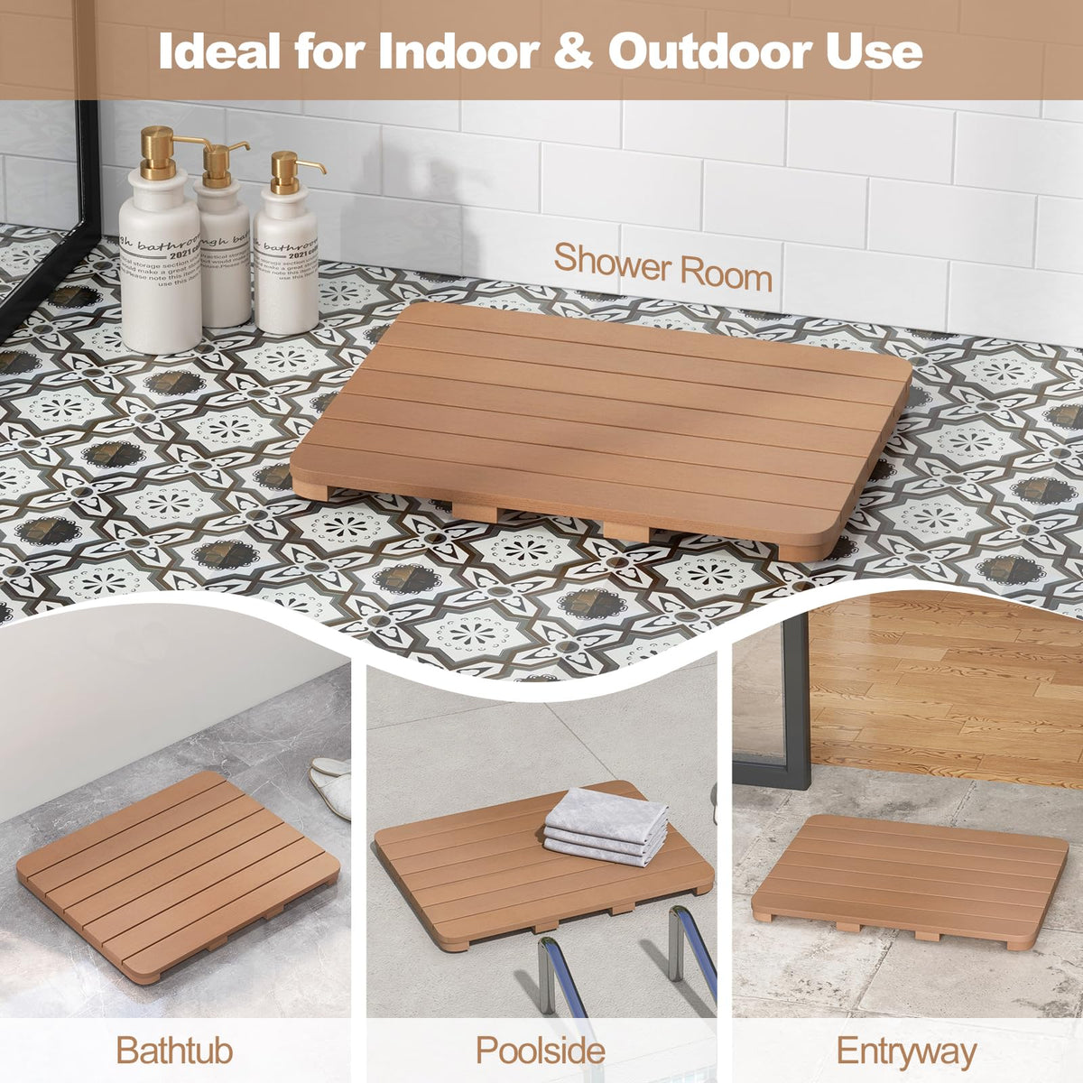 Goflame Waterproof Bath Mat, Shower Mat for Bathroom Inside, Outdoor HIPS Floor Mat with Non Foot Pads