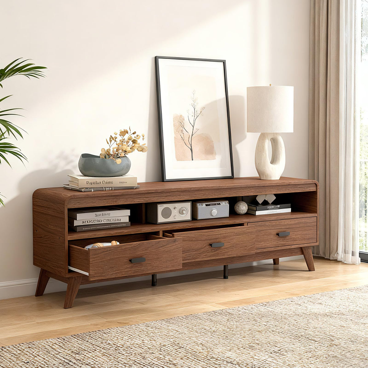 Goflame TV Stand for 60-70 Inch TV Mid-Century Modern Entertainment Center with 3 Storage Drawers