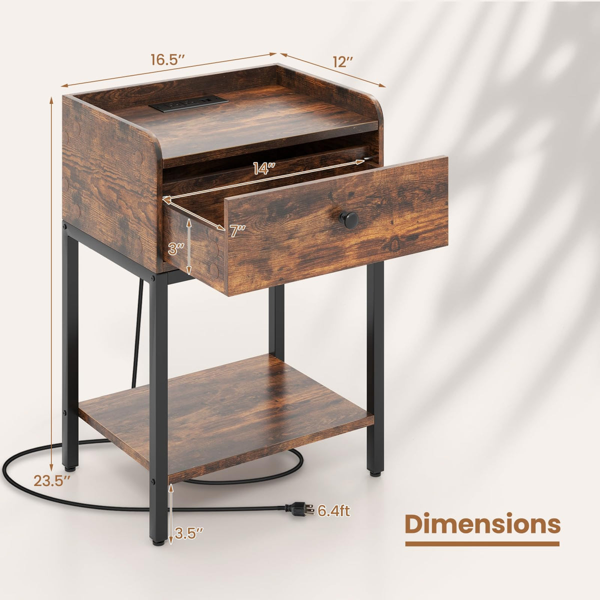 Goflame Nightstand with Charging Station, Industrial Bedside Table with Storage Drawer & Open Shelf