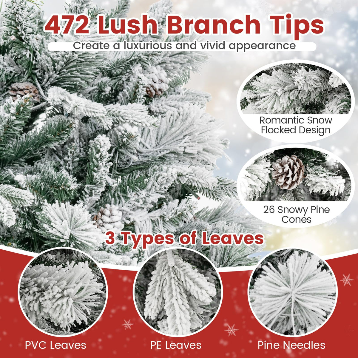 Goflame Pre-Lit Snow Flocked Christmas Tree, Artificial Hinged Xmas Tree with 160 Multi-Color LED Lights
