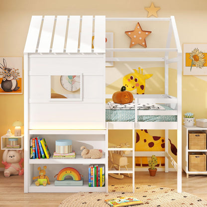 Goflame Twin Size Loft Bed with LED Lights Roof Window and Storage Bookshelf