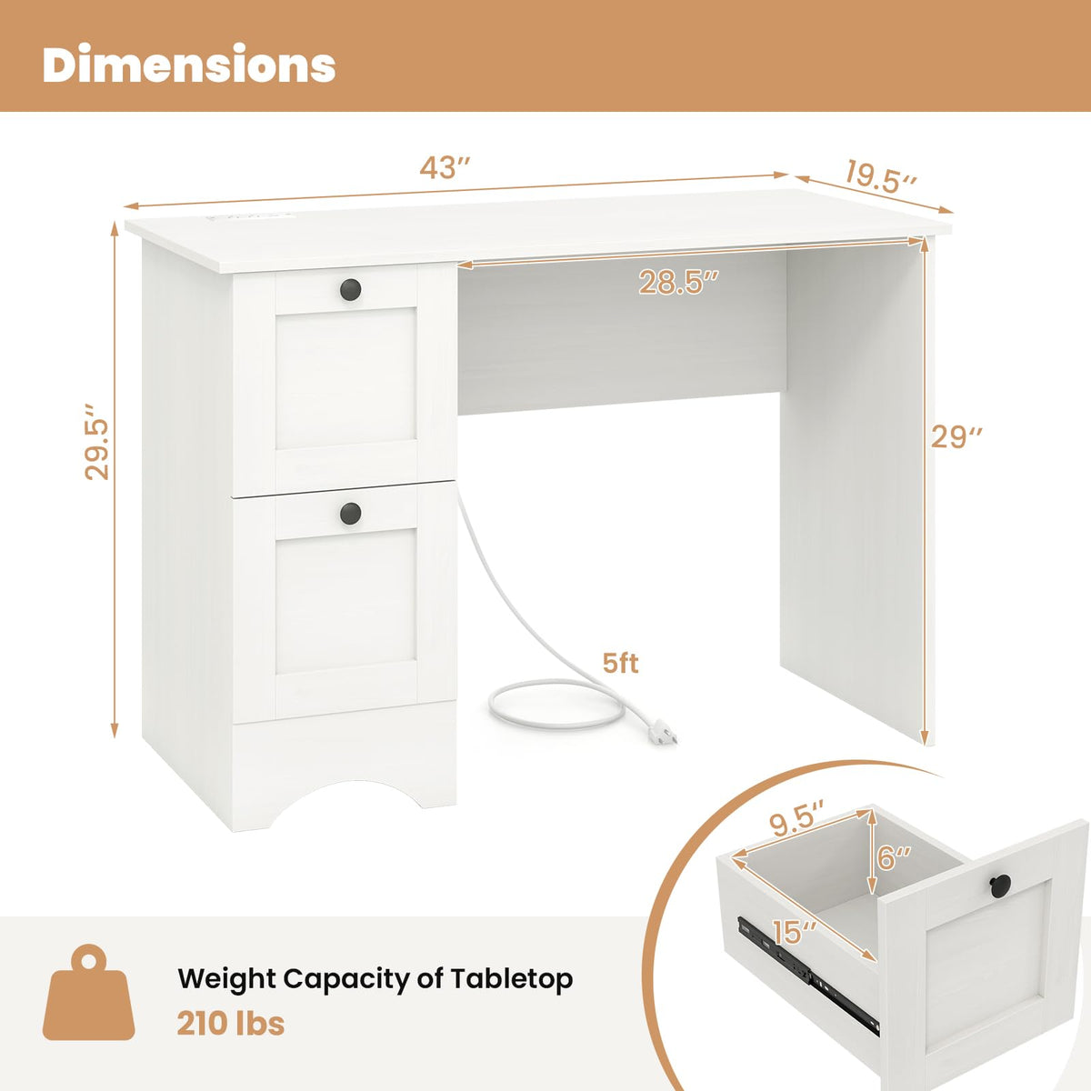 Goflame White Desk with 2 Drawers, 43” Wooden Home Office Desk with Charging Station