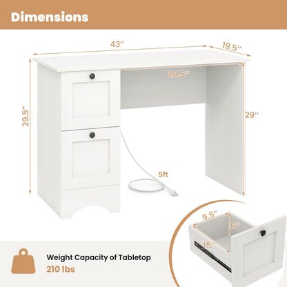 Goflame White Desk with 2 Drawers, 43” Wooden Home Office Desk with Charging Station