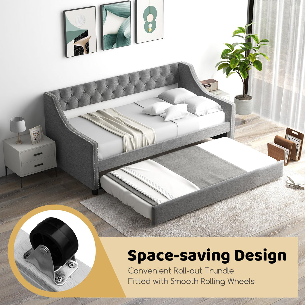 Goflame Upholstered Twin Daybed with Trundle