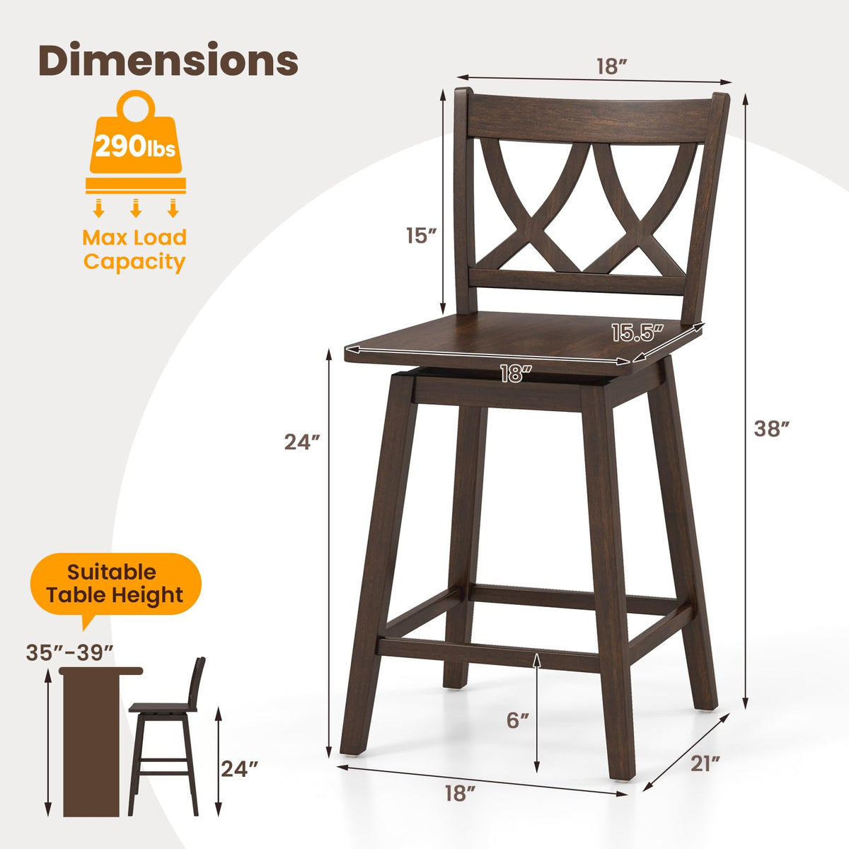 Goflame 24" Bar Stools Set of 2/4, Swivel Wooden Bar Chairs with Rubber Wood Frame, Dark Grey