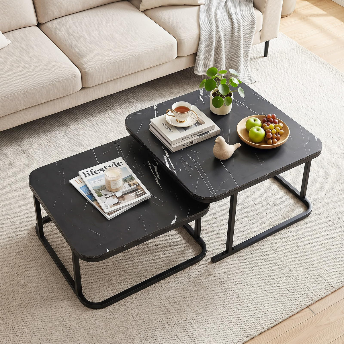 Goflame Nesting Coffee Table Set of 2 with Metal Frame