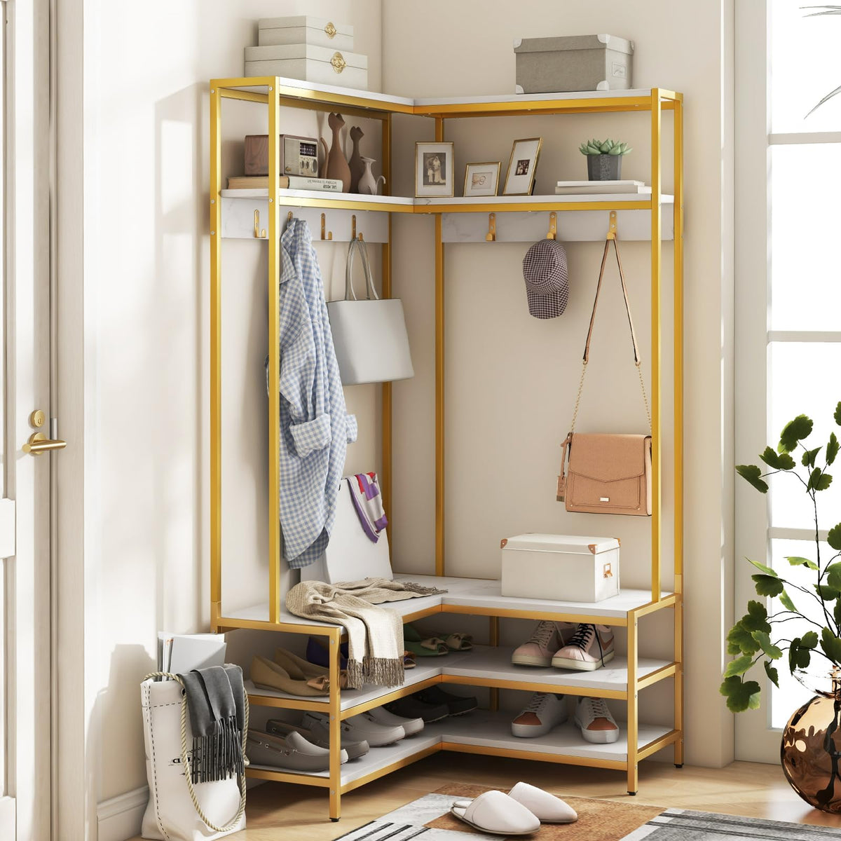 Goflame Corner Coat Rack with Shoe Bench, L-shaped Garment Rack with 5 Shelves & 7 Hooks